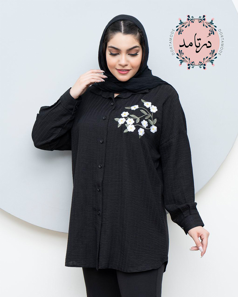 شومیز جلودکمه گلدوزی بابونه مشکی